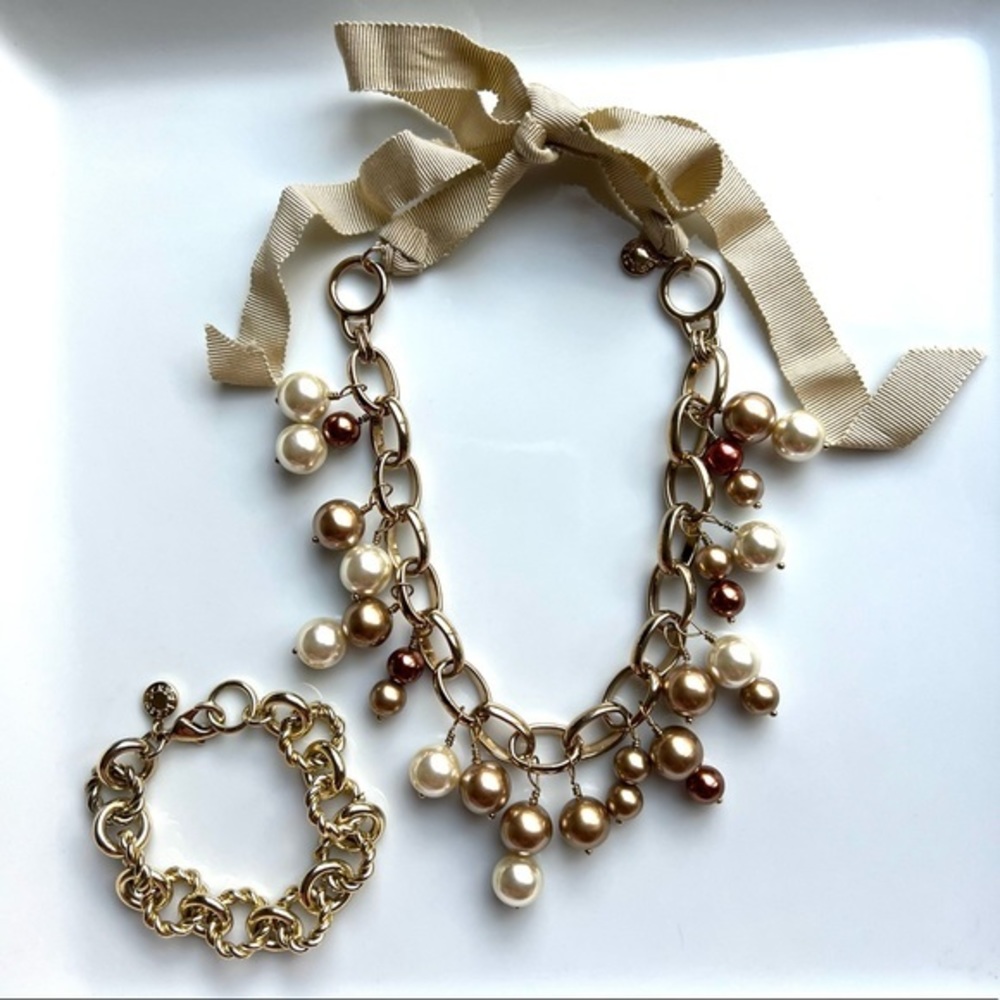 J. CREW XL Pearl and Gold Necklace & Bracelet Ribbon Tie